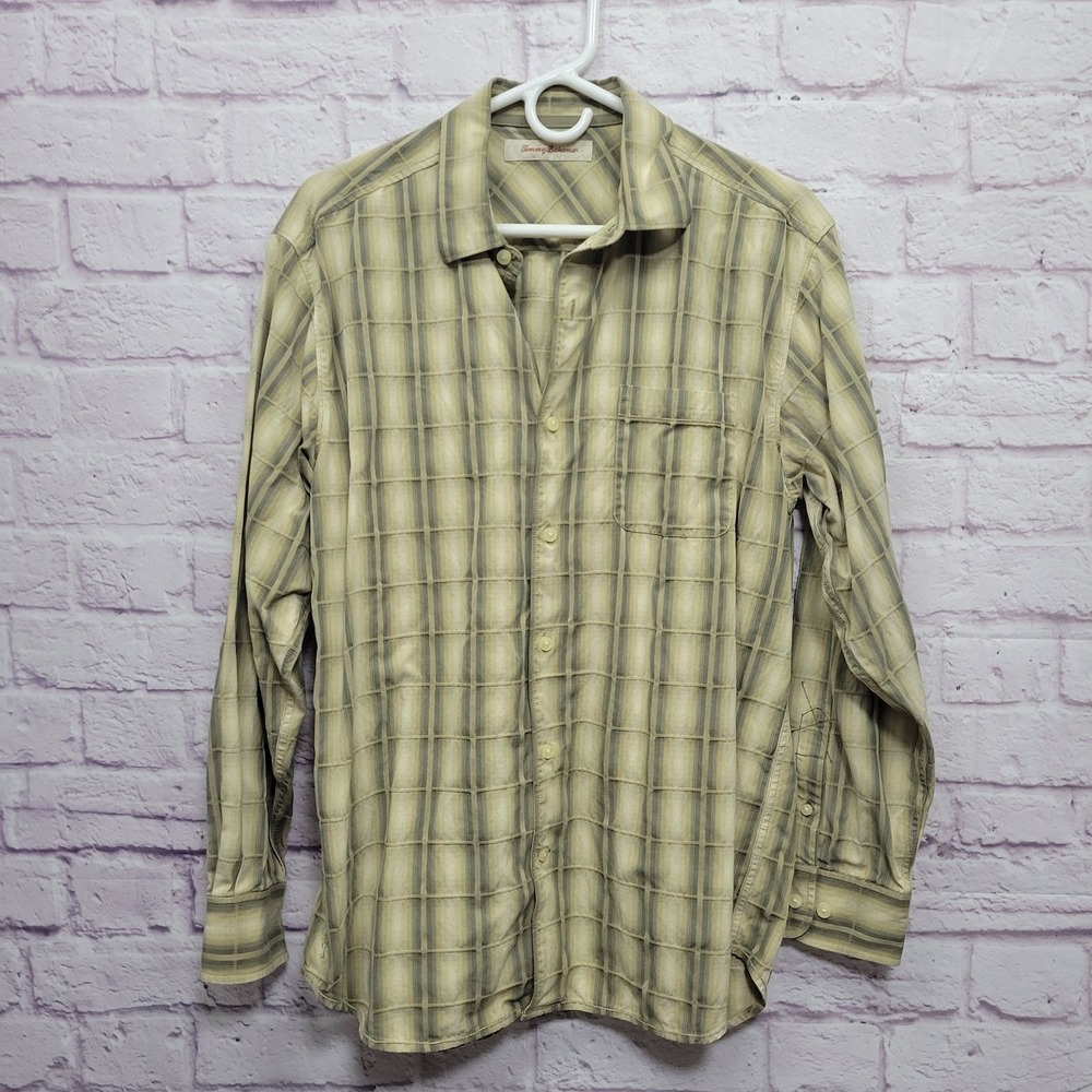 Tommy Bahama Silk Blend Button Shirt Sz M Textured Plaid Travel‎ Business Preppy